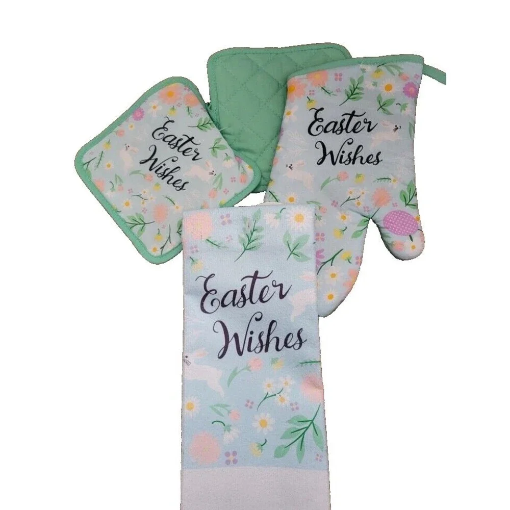 4-piece Kitchen Towel Set/Oven Mitt, 2 Potholders & Towel Easter Wishes